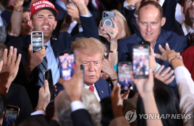 마러라고에서 지지자에 둘러싸인 트럼프 전 대통령 [UPI=연합뉴스 자료사진. 재판매 및 DB 금지]