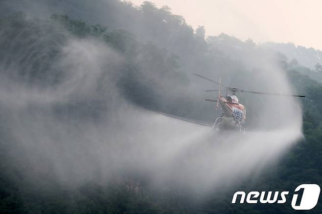 산림청 산림항공관리본부 헬기가 대구 동구 봉무동 야산에서 소나무재선충병 확산을 막기 위한 항공방제를 하는 모습. /뉴스1 ⓒ News1