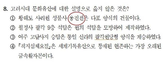 2023년도 국가공무원 9급 시험 한국사 8번. 선지 1번의 '응진전'에 '웅진전'으로 오타가 나 있다/사진=인사혁신처 제공, 연합뉴스