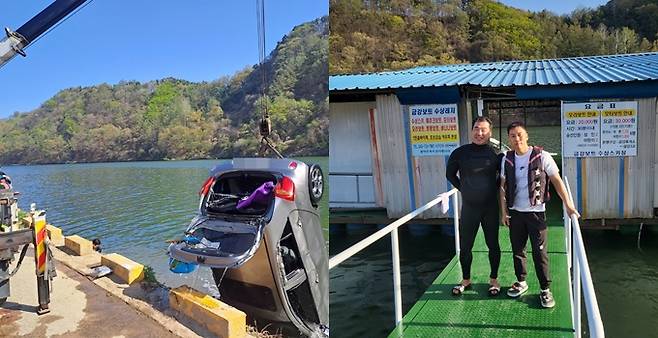 충북 옥천 금강에서 수상스키를 타고 있던 시민들이 물에 빠진 차량 운전자를 구조했다. 사진은 지난 9일 충북 옥천군 금강휴게소 인근 강변도로에서 물에 빠진 차량을 건지는 모습(왼쪽)과 물로 뛰어들어 차량 운전자를 구조한 오종식씨와 장민진씨. /사진=충북소방본부·뉴스1