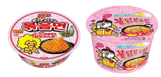왼쪽은 일본 닛신식품이 최근 출시한 '닛신 야키소바 U.F.O 볶음면 한국풍 까르보', 오른쪽은 삼양식품이 2018년 출시한 '까르보 불닭볶음면' / 닛신, 삼양