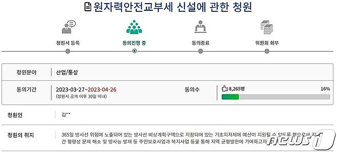 전국 23개 기초지자체가 원자력안전교부세 신설을 촉구하는 국민청원 절차를 밟고 있다. (국회 국민청원 누리집 갈무리) /뉴스1