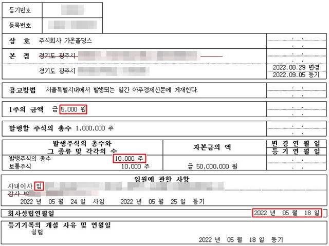 임 의원은 배우자가 지난해 5월 가온홀딩스를 설립해 5000만 원 규모의 주식을 보유하고 있었지만 이를 알지 못했다고 해명했다. /가온홀딩스 법인등기부등본 갈무리