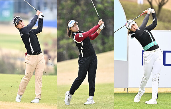 2023년 한국여자프로골프(KLPGA) 투어 메디힐·한국일보 챔피언십 우승 경쟁에 돌입한 박지영, 박민지, 박현경 프로가 3라운드에서 경기하는 모습이다. 사진제공=KLPGA