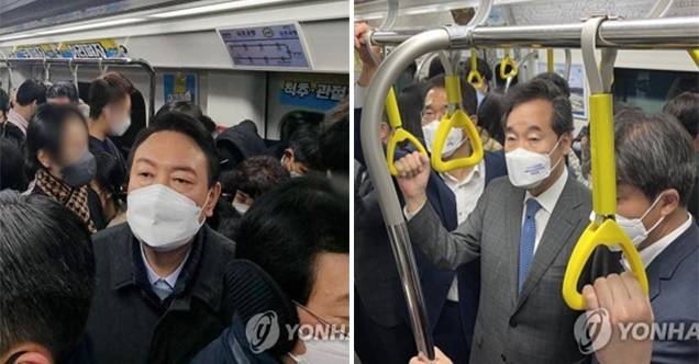 출근길 김포골드라인 체험하는 윤석열·이낙연  윤석열 대통령(사진 왼쪽)이 지난해 1월 후보 시절에 김포골드라인 출근길을 체험하고 있다. 2021년 5월 더불어민주당 대권주자였던 이낙연 전 대표(오른쪽)도 출근 시간대 김포골드라인에 탑승했다.[국민의힘 선대위·이 대표 측 제공. 재판매 및 DB 금지]