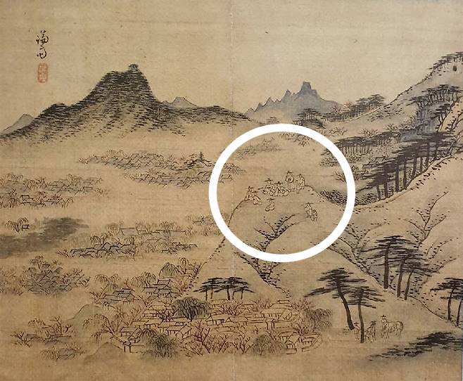 정선이 그린 ‘필운대상춘(弼雲臺賞春)’. 멀리서 바라본 필운대 꽃놀이 장면(흰색 원 안)을 그렸다. 간송미술관 소장