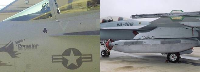 EA-18G 그라울러. 모의 공중전에서 F-22를 요격했고 요격한 EA-18G 그라울러 512호기에 F-22 가상 격추마크(왼쪽)가 그려졌다. 날개에 탑재된 AN/ALQ-99F(V) 재밍 포드. 그라울러 전자전기는 전자전 능력을 갖춘 AN/APG-79 AESA 레이더를 사용하지만 전자전 체계 핵심은AN/ALQ-99F(V) 재밍 포드다. 사진=미 해군·사진=내셔널 인터레스트(national interest)