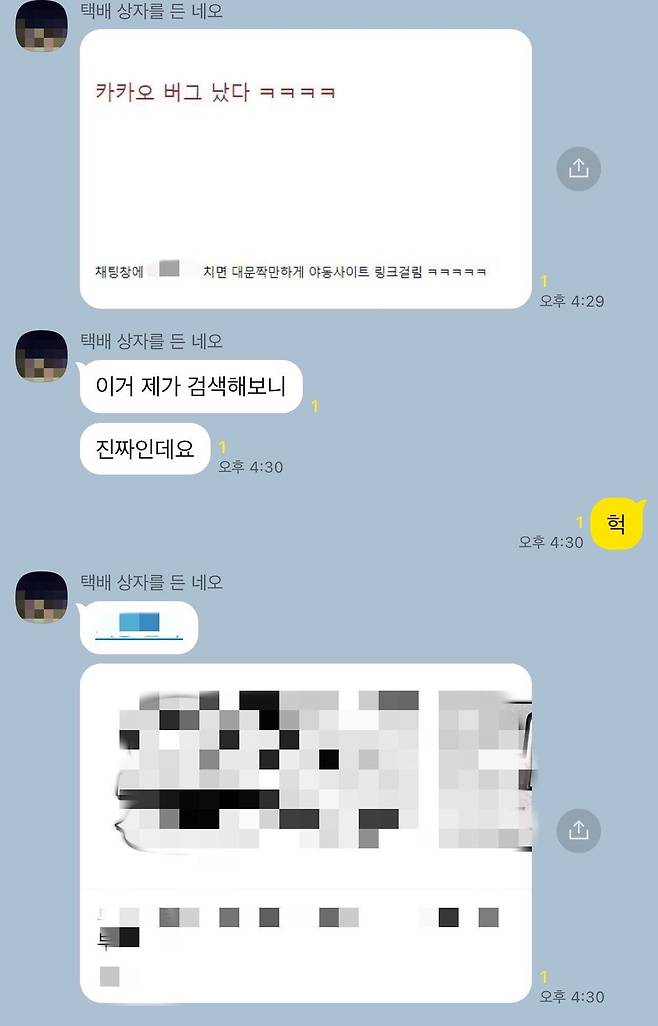 19일 오후 카카오톡 채팅창에 특정 단어를 입력하면 음란물 사이트가 링크되는 모습. /카카오톡 캡처