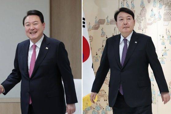 달라진 윤석열 대통령의 헤어스타일. 지난 14일 오후 카트린 콜로나 프랑스 외무장관을 접견하던 당시의 머리는 깔금하게 빗어넘긴 모습이다. (왼쪽) 지난 17일 서울 용산 대통령실 청사에서 열린 이석태 퇴임 헌법재판관 훈장 수여식에서는 내림머리로 참석했다.  연합뉴스