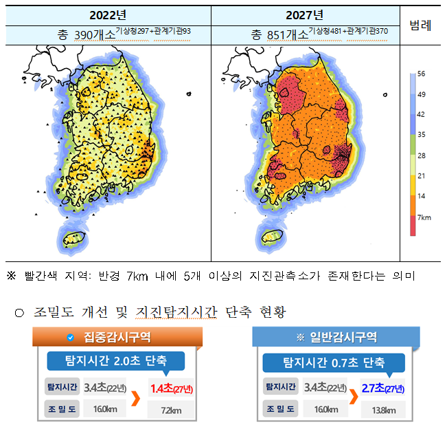 국가 지진관측망 조밀도 및 지진탐지시간 개선 전망도. 기상청 제공