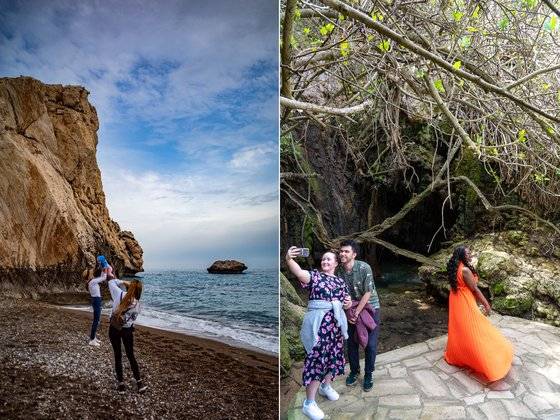 아프로티테 탄생 바위(왼쪽 사진)와 아프로디테 욕조. 둘 다 전 세계적으로 이름난 인증 사진 명당이다.