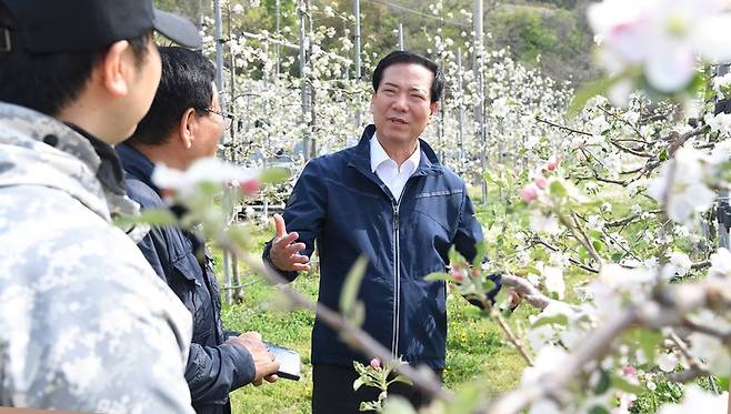 [거창=뉴시스] 거창군청 구인모 거창군수, 사과꽃 개화 상황 점검 *재판매 및 DB 금지 *재판매 및 DB 금지