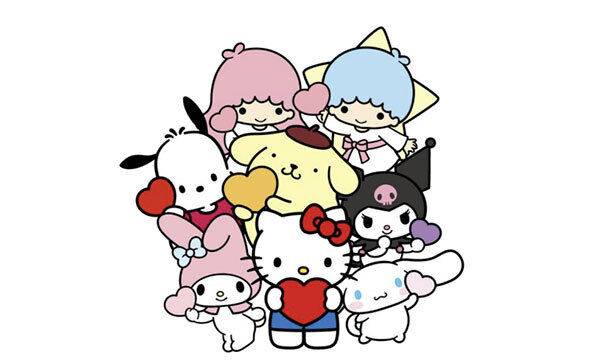 산리오의 대표 캐릭터. 앞줄 왼쪽부터 시계 반대방향으로 마이멜로디, 헬로키티, 시나모롤, 쿠로미, 마이리틀트윈스타즈(남녀), 포차코, 가운데는 폼폼푸린.&nbsp;