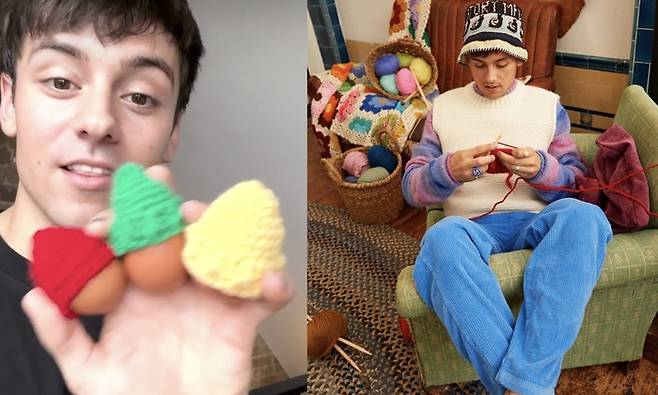 다이빙 선수 토머스 데일리는 올림픽 경기 중 긴장감을 풀기위해 뜨개질을 해 화제가 됐다. 그는 유명 손뜨개 인플루언서가 됐다. SNS 캡처