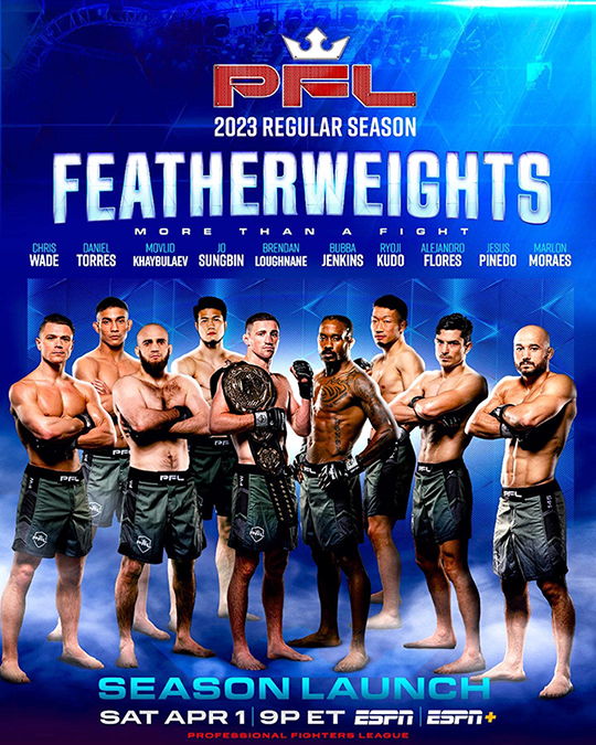 조성빈(왼쪽에서 4번째) 등 2023 PFL 페더급 정규시즌 참가자 10명. 사진=Professional Fighters League 제공