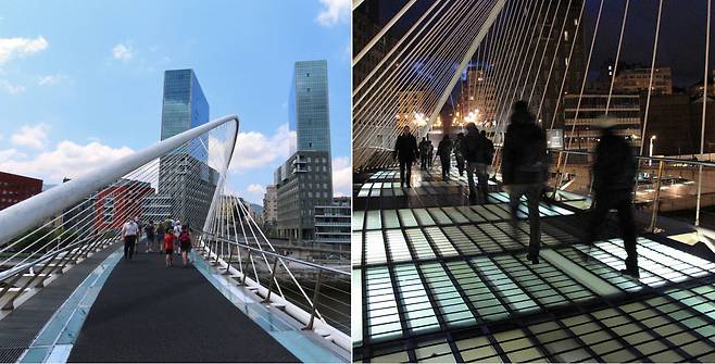 스페인 빌바오에 있는 주비주리 다리의 개통 당시(오른쪽)와 유리 바닥이 미끄러워 안전 위험이 제기되자 바닥에 고무 카펫을 설치한 현재 모습(왼쪽). 미국 허핑턴포스트의 '세계에서 가장 아름다운 다리 20선'에 선정된 작품이다. [게티이미지]