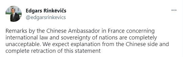 [에드가스 링케빅스 라트비아 외무장관 트위터 캡처. 재판매 및 DB 금지]