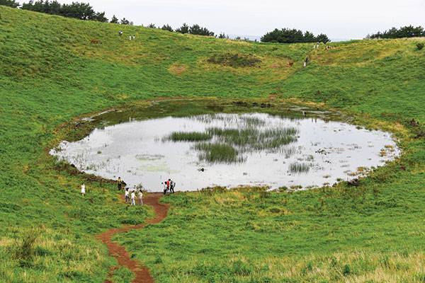 금오름 굼부리 가운데 있는 타원형의 물웅덩이 금악담. 어지간해서는 마르는 일이 없다고 한다.