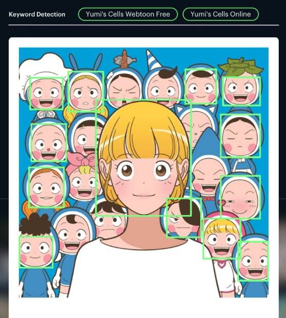 웹툰 '유미의 세포들'의 저작권 무단 도용 검색 이미지. AI가 유미와 세포들의 얼굴을 이미지 인식 데이터(녹색 사각형) 기억하고 무단으로 이를 사용한 콘텐트나 굿즈 등을 잡아낸다. 사진 마크비전