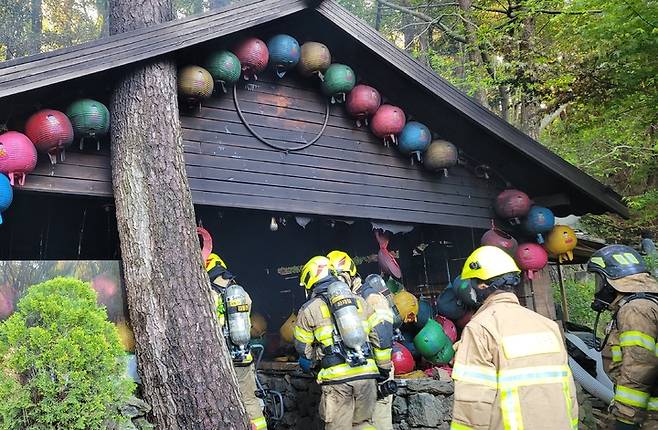 [제주=뉴시스] 오영재 기자 = 26일 오전 제주 아라1동 소재 사찰에서 화재가 발생해 소방당국이 진화에 나서고 있다.(사진=제주소방서 제공) 2023.04.26. photo@newsis.com *재판매 및 DB 금지