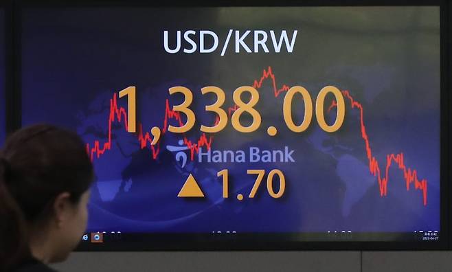 [서울=뉴시스] 조수정 기자 = 27일 서울 외환시장에서 원·달러 환율이 전 거래일(1336.3원)보다 1.7원 오른 1338.0원에 장을 마쳤다. 27일 오후 서울 중구 하나은행 딜링룸 전광판에 종가가 표시되고 있다. 2023.04.27.chocrystal@newsis.com <저작권자ⓒ 공감언론 뉴시스통신사. 무단전재-재배포 금지.> /사진=뉴시스화상
