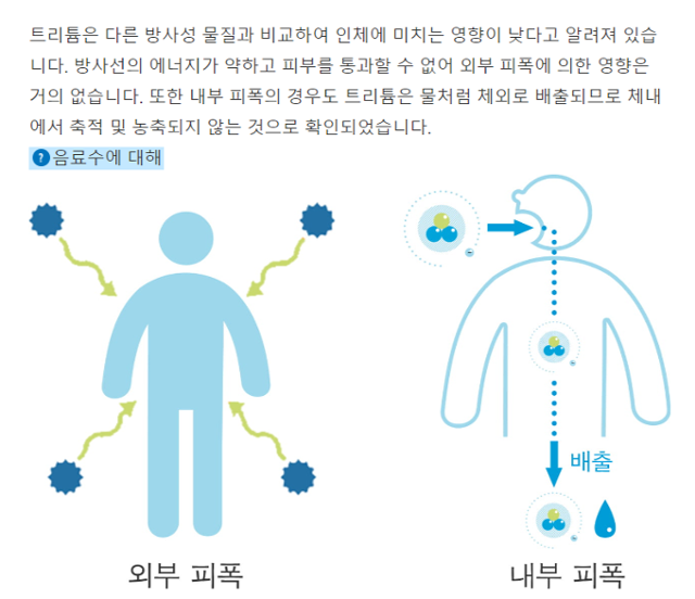 일본 도쿄전력이 2월 공개한 후쿠시마 오염수 관련 홍보용 홈페이지의 한글판 버전. 삼중수소(트리튬)가 인체에 유해하지 않은 것처럼 설명한 인포그래픽이 담겨 있지만 이는 사실과 다르다는 것이 무쏘 교수와 그린피스의 주장이다. 도쿄전력 홈페이지 캡처