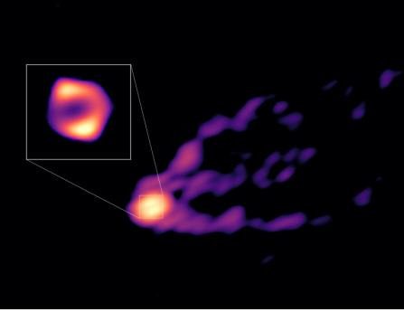 GMVA+ALMA로 관측한 M87 블랙홀 블랙홀의 부착원반 구조(좌측 확대 이미지)와 함께 블랙홀로부터 분출되는 제트를 확인할 수 있다. [Nature. 한국천문연구원 제공. 재판매 및 DB 금지]
