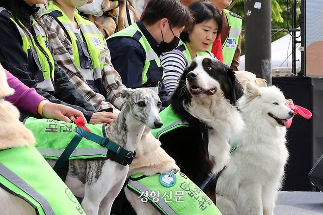 반려견 순찰대원들이 30일 서울 영등포구 여의도 한강공원에서 열린 2023년 서울 반려견 순찰대 발대식을 마친 후 기념 촬영을 하고 있다.  조태형 기자