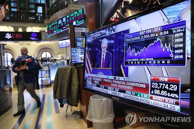 NYSE 입회장내 TV에 파월 의장의 기자회견이 나오는 모습 [연합뉴스 자료사진]