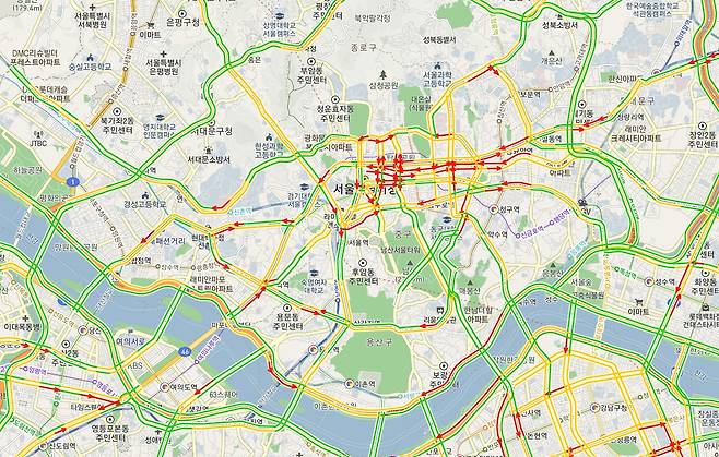 5월1일 오후 2시 기준 서울 도심 교통 예보(서울시 교통정보센터 홈페이지 갈무리)