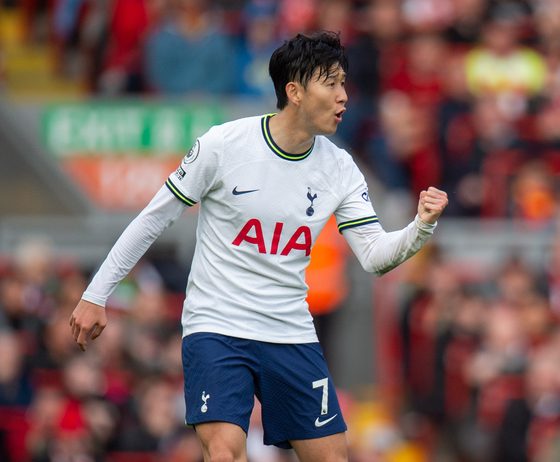 Tottenham Hotspur's Son Heung-min celebrates after scoring during a Premier League match against Liverpool at Anfield in Liverpool on Sunday. [EPA/YONHAP]