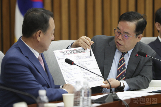 국회 과학기술정보방송통신위원회 여당 간사인 박성중(오른쪽) 국민의힘 의원이 2일 오전 국회에서 열린 당 원내대책회의에서 공영방송 라디오 출연진 편파 의혹을 제기하며 발언하고 있다.<국민의힘 홈페이지>