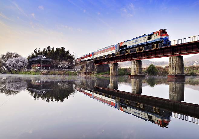 화순 영벽정 옆으로 달리는 기차