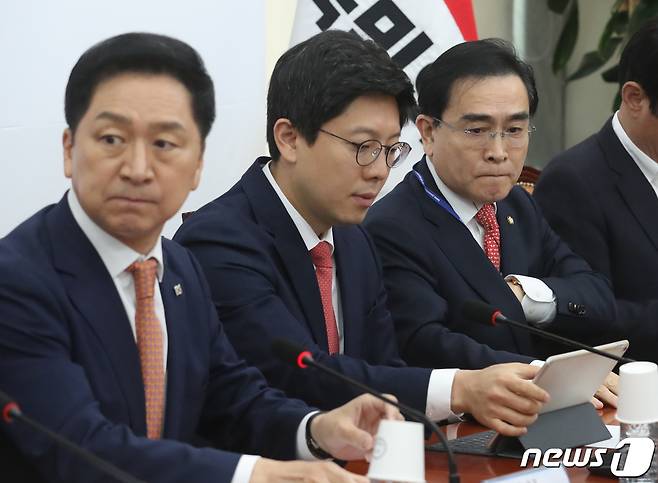 태영호 국민의힘 최고위원이 24일 오전 서울 여의도 국회에서 열린 최고위원회의에 참석하고 있다. 2023.4.24/뉴스1 ⓒ News1 송원영 기자