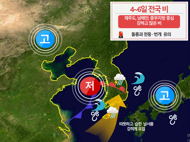 기상청은 3일 정례브리핑에서 “어린이날 연휴인 오는 4~6일 제주·남해안·중부지방 중심으로 강하고 많은 비가 오겠다”고 예보했다. 기상청 제공