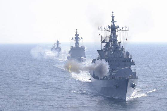 ROKS Eulji Mundeok, first from the right, participates in a field training event in the waters of West Sea on March 21. [REPUBLIC OF KOREA NAVY]