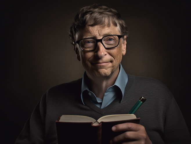 책을 들고 있는 빌 게이츠 마이크로소프트 창업자의 상상도 (created with midjourney)