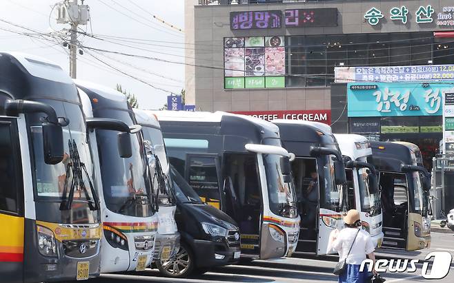 (제주=뉴스1) 강승남 기자 = 제주특별자치도가 전세버스 업계의 출혈경쟁을 방지하고 운수 종사자의 적정 수익을 보장하기 위해 운임 신고를 의무화한다. 제주 서귀포시 대정읍 송악산 주차장에 관광 버스들이 가득 주차돼 있다. 2022.6.8/뉴스1 ⓒ News1 오현지 기자