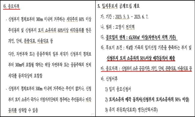 (좌)2022년 10월 '고양시 폐기물처리시설(소각시설) 입지선정계획 결정·공고' (우)2023년 5월 '고양시 자원에너지 그린에너지파크 입지선정 계획 결정 공고'ⓒ고양특례시