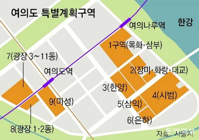 서울시가 발표한 여의도 특별계획구역 내 아파트 구역. 동아일보 DB