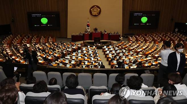 간호법, 국회 본회의 통과 지난달 27일 국회 본회의에서 간호법 표결 내용이 나오고 있다. [연합뉴스 자료사진]