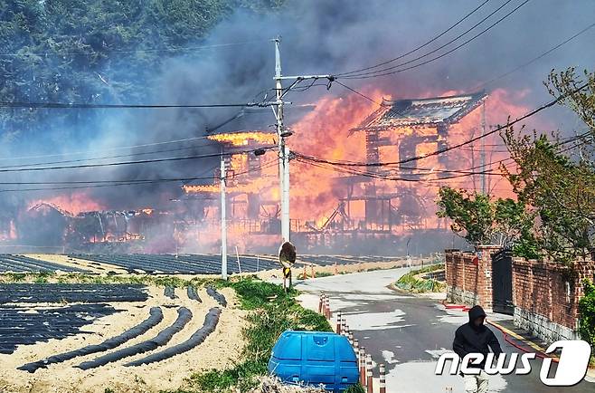 지난달 11일 오전 8시 22분쯤 강원 강릉 난곡동의 한 야산에서 발생한 산불이 민가로 확산, 한 주택이 불에 휩싸인 모습. 2023.4.11/뉴스1 ⓒ News1 윤왕근 기자