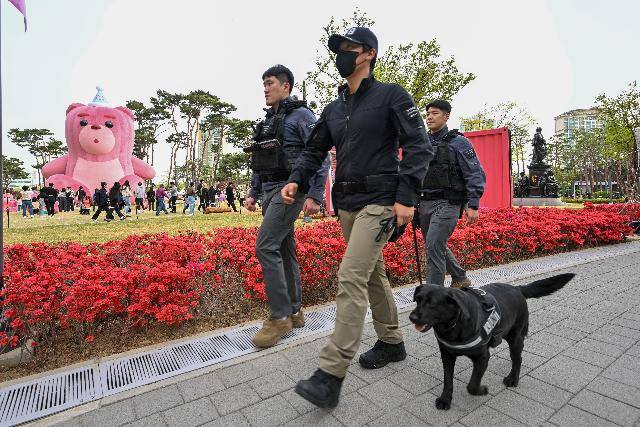 지난달 13일 서울 송파구 롯데월드타워에서 근무하는 대테러팀과 폭발물탐지견 테이가 타워 근처를 순찰하고 있다. 최주연 기자