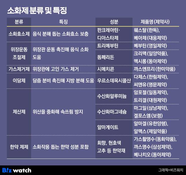 소화제 분류 및 특징. /그래픽=비즈워치