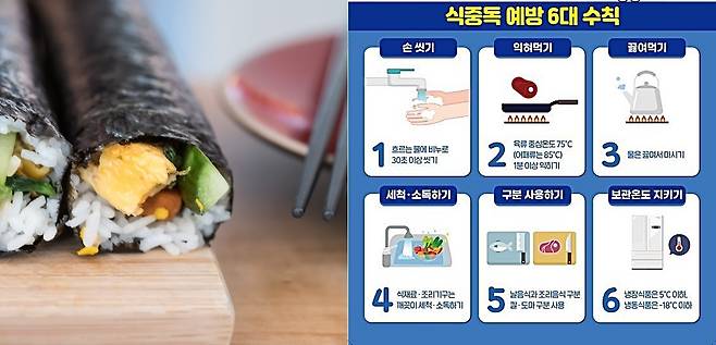 달걀이 들어간 김밥(왼쪽), 식약처 식중독 예방수칙(오른쪽). [123RF·식약처 제공]