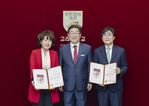 왼쪽부터 김미숙 고려대 사범대학 교우회장(옥캣월드대표), 김동원 고려대 총장, 김성일 고려대 사범대학장(사진=고려대 제공)