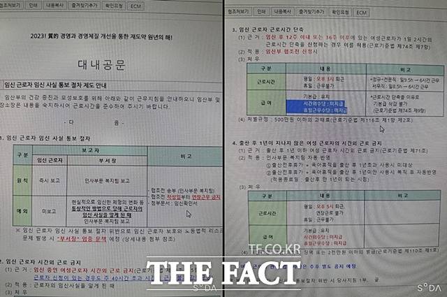 롯데건설이 최근 사내망에 공지한 '임신근로자 임신 사실 통보 절차 제도' 안내 공문. /독자 제공