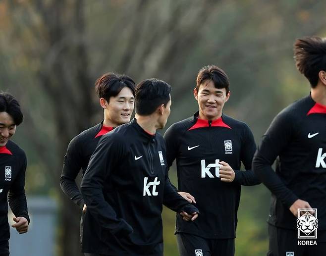 국가대표팀 소집 당시 엄원상(울산현대)과 양현준(강원FC)의 훈련 모습. ⓒ 대한축구협회