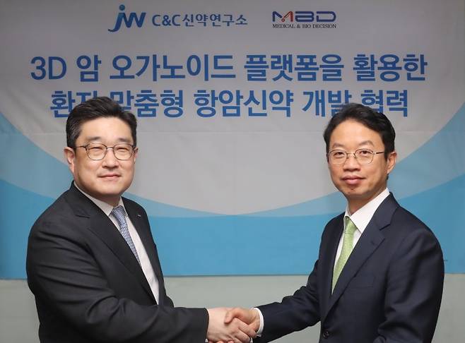 박찬희 C&C신약연구소 대표이사(사진 왼쪽)와 구보성 엠비디 대표이사가 MOU 체결 후 기념촬영을 하고 있다. JW중외제약 제공