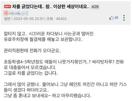 주차장에 세워놓았다가 손상을 입은 차량 차주의 글. 온라인 커뮤니티 캡처